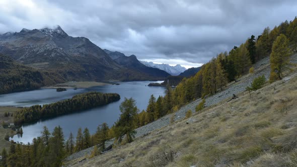 Aerial View on Autumn Lake Sils in Swiss Alps