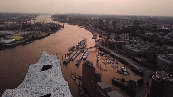 Aerial View of the Elbe River and the Opera House in Hamburg During Sunset. Geramania in the Summer