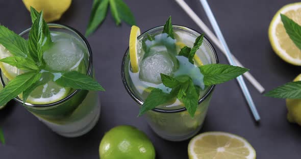 Top View of Fresh Lemonade with Mint in Glasses