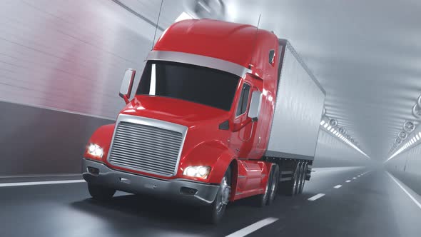 Red semi truck with trailer driving fast through the blurred tunnel. Loop. 4K alt