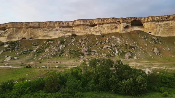 A Herd of Horses Moves Along a White Rocky Mountain at Sunset alt