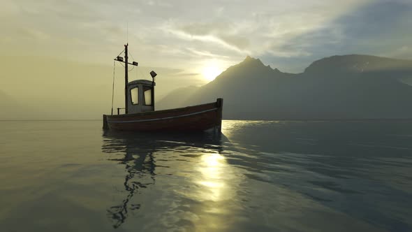 An old fishing boat drifting slowly on the foggy sea during beautiful sunset. 4K alt