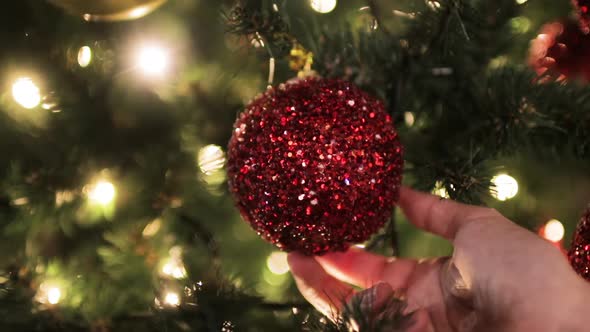 Happy New Year Christmas Tree Decorates with Red Glass Ball on Branch