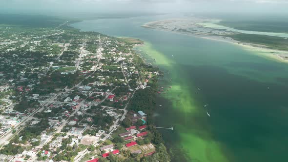 The fortress of Bacalar in Mexico and the lagoogb as seen from the sky alt