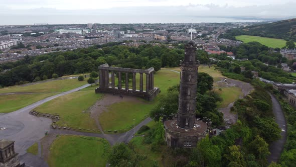 Drone View of Nelson Monument in Edinburgh in the Early Morning