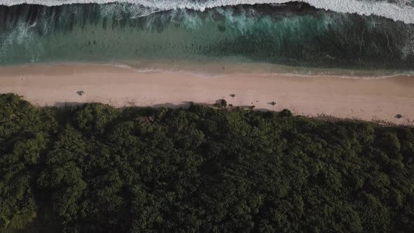 Aerial View of Tropical Beach with Azure Blue Water and Foaming Ocean Waves
