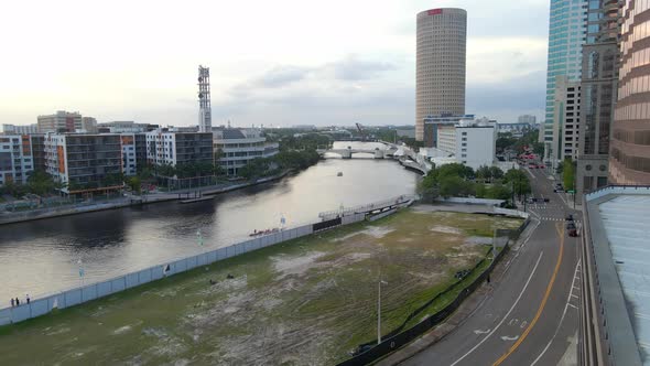Aerial view riverwalk and buildings in downtown Tampa, Florida alt