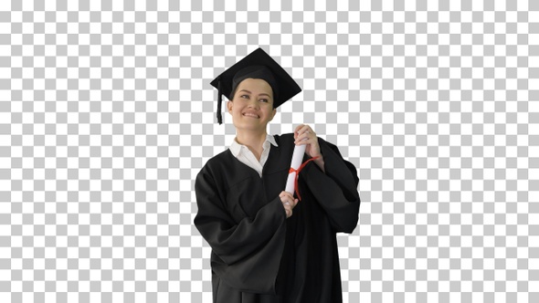 Happy female student in graduation robe, Alpha Channel alt