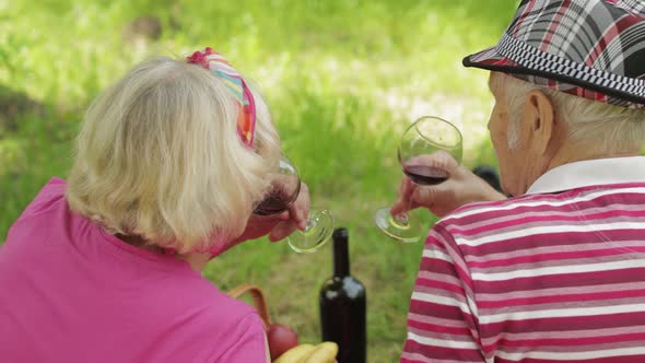 Family Weekend Picnic in Park. Active Senior Old Caucasian Couple Sit on Blanket and Drink Wine alt