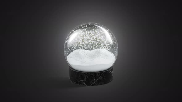 Blank glass snowglobe with snowfall, looped rotation, dark background alt