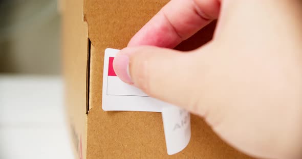 Hands applying MADE IN INDONESIA  flag label on a shipping cardboard box with products. Close up sho alt