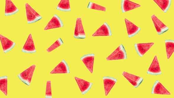 pattern with many red ripe watermelon slices that wiggle on a yellow background