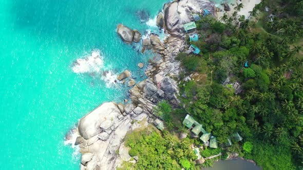 Aerial flying over seascape of paradise tourist beach adventure by transparent lagoon with white san alt