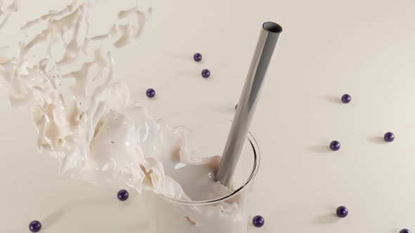 Glass of bubble milk tea, milkshake or chocolate cocktail with straws top view, cup cold coffee alt