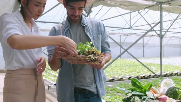 handheld asian female partner with caucasian farmer discussing about business alt