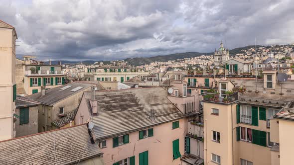 Aerial Panoramic View of European City Genoa Timelapse From Above of Old Historical Centre Quarter alt