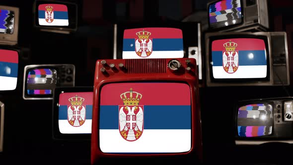 Flag of Serbia on Retro TVs. 4K.