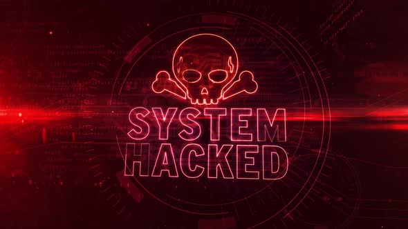 System hacked alert with skull symbol abstract animation alt