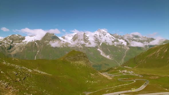 Traffic on the Grossglockner alpine road, aerial view alt
