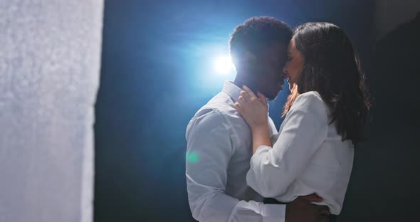 Hidden Camera Behind the Curtains Two People in Love Dancing a Romantic Dance They are alt