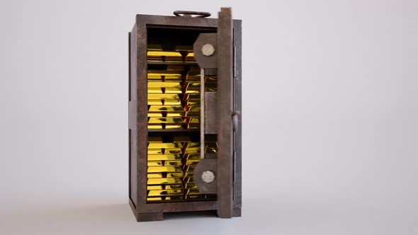 Precious gold bullion bars stacked tightly in a vintage safe with metal door. alt