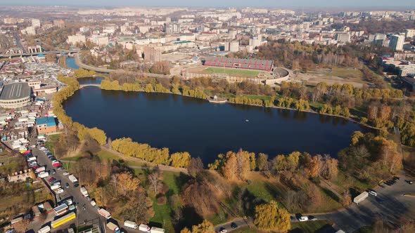 Autumn City Of Rivne Ukraine, Hydropark. Aerial Shot