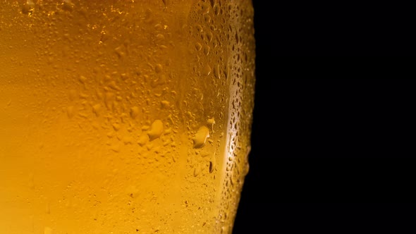 Cold Light Beer in a Glass with Water Drops Rotates
