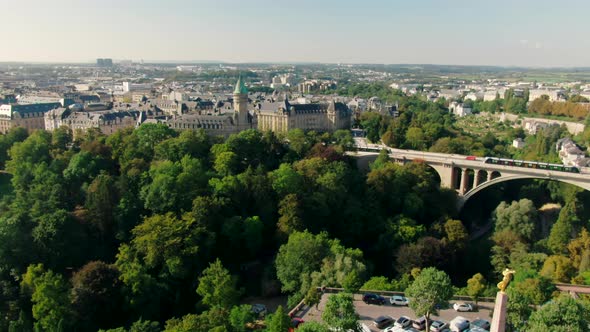 Establishing Aerial Shot of Luxembourg City with Landmark Adolphe Bridge