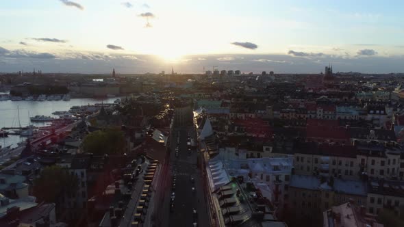 Drone Shot Flying Over Stockholm at Sunset