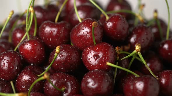 Fresh, Ripe, Juicy Cherries Background, Close Up Berry, Rotation Loopable. Food Background