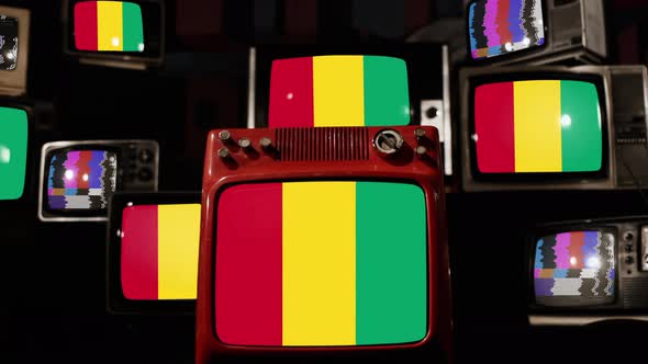 Flag of Guinea on Retro TVs. 4K.