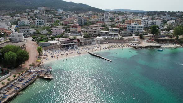 Aerial View Exotic Beach with Turquoise Water in Albania Ksamil Islands alt