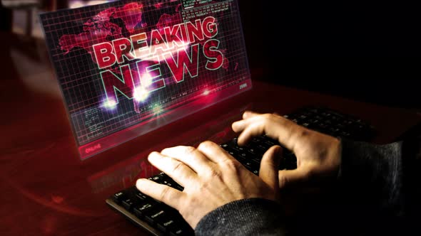 Man typing keyboard with journalist Breaking News broadcast hologram screen alt