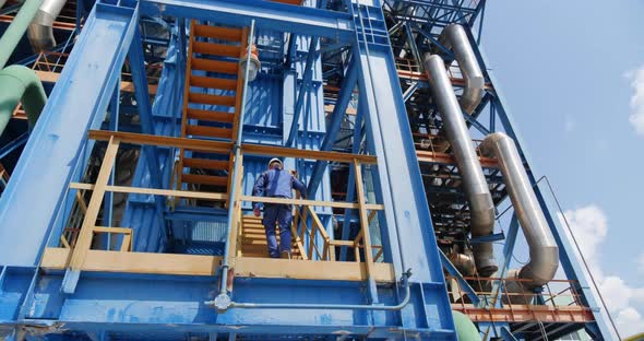 The Worker Rises On A High Metal Structure In Industrial Production alt