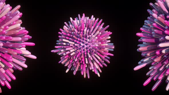 Pink Balls Spheres with Not Sharp Spikes Sticks Around It on Black Background