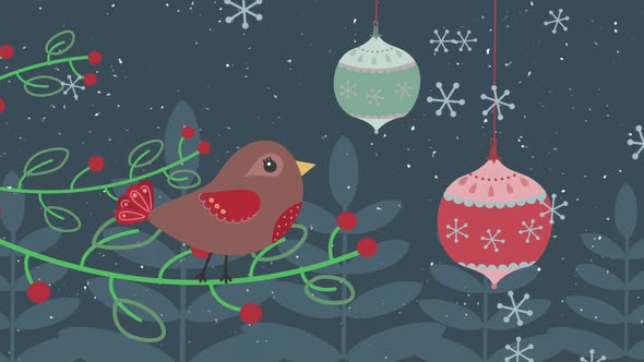 Animation of a moving bird on Christmas branche with Christmas decorations and snowflakes falling alt