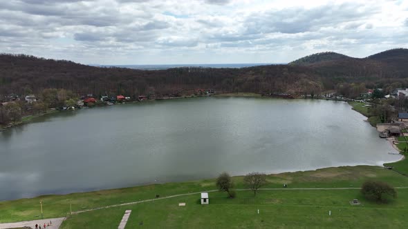 Aerial view of a lake in the village of Vinne in Slovakia