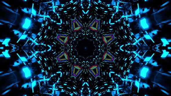 Flying in a tunnel with flashing multicolored fluorescent lights. Kaleidoscope alt