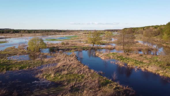 Flooded valley of the river in countryside