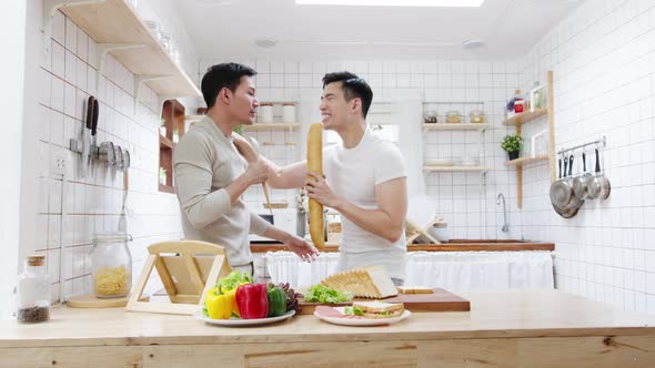 Asia gay couple blogger vlogger and online influencer recording video content on healthy food.