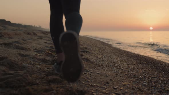 Closeup Slim Woman Feet Walking Sandy Beach at Sunset alt