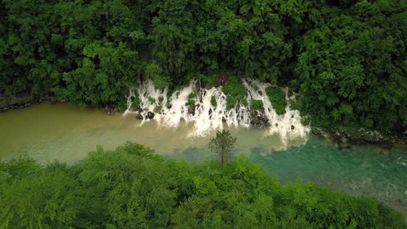 Aerial view of mountain Tara river and small waterfall in Montenegro alt
