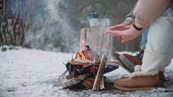 People are Warming Their Hands By a Campfire in the Woods in Winter
