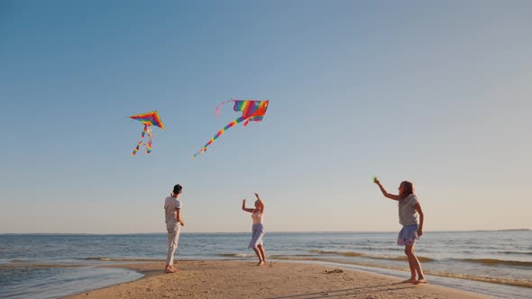 A Happy Young Family with a Child Play Kites Together on the Beach alt