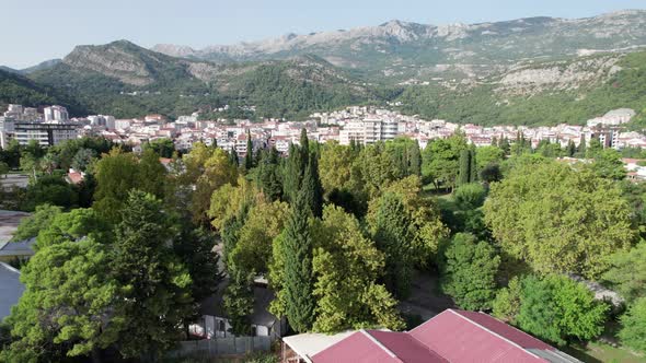 Panoramic Aerial View of Budva City Montenegro Landscape Mountain Range Summer alt