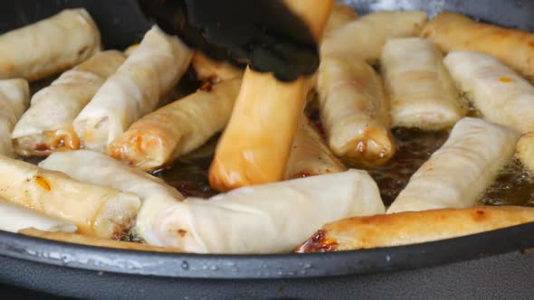 Asian Spring Rolls are Fried in Oil in a Pan and Turned Over with Kitchen Tongs alt