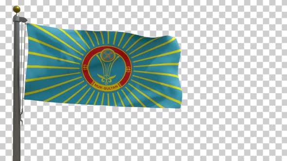 Nur Sultan City Flag (Kazakhstan) on Flagpole with Alpha Channel - 4K