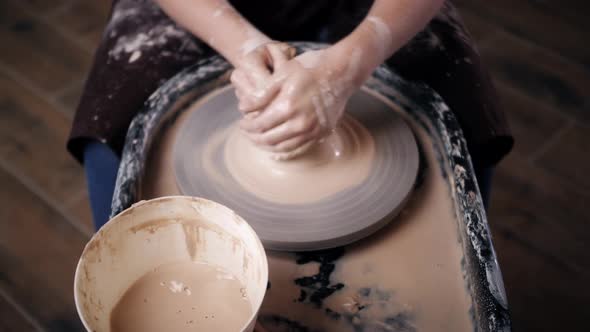 Close Up of Potter Clay Wheel Pottery Workshop Woman Making Diy Pot to Sale in Ecommerce Store Home alt