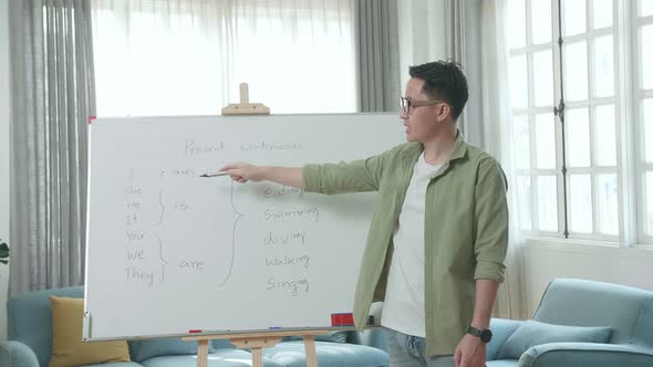 Asian Male Teacher With Glasses Teaching English At Home alt