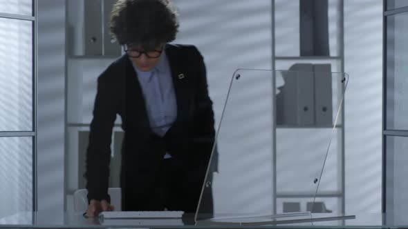 Caucasian Businesswoman Working on Computer with Transparent Monitor alt